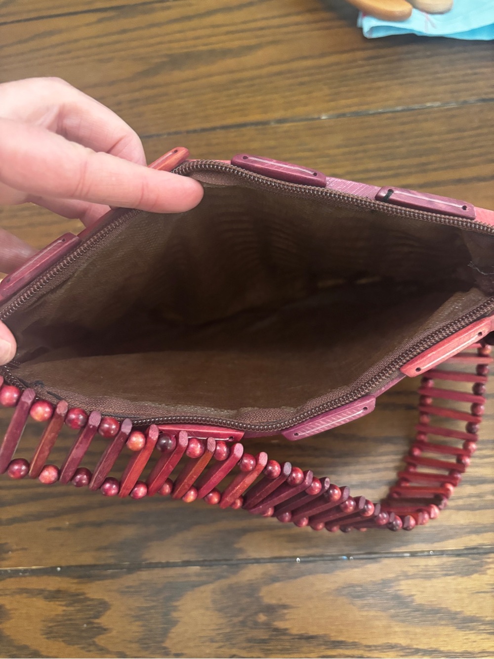 Wood Beaded Purse Bag Red Boho Earthy Beach Natural Artisan Hippie Retro Unique - Picture 4 of 9